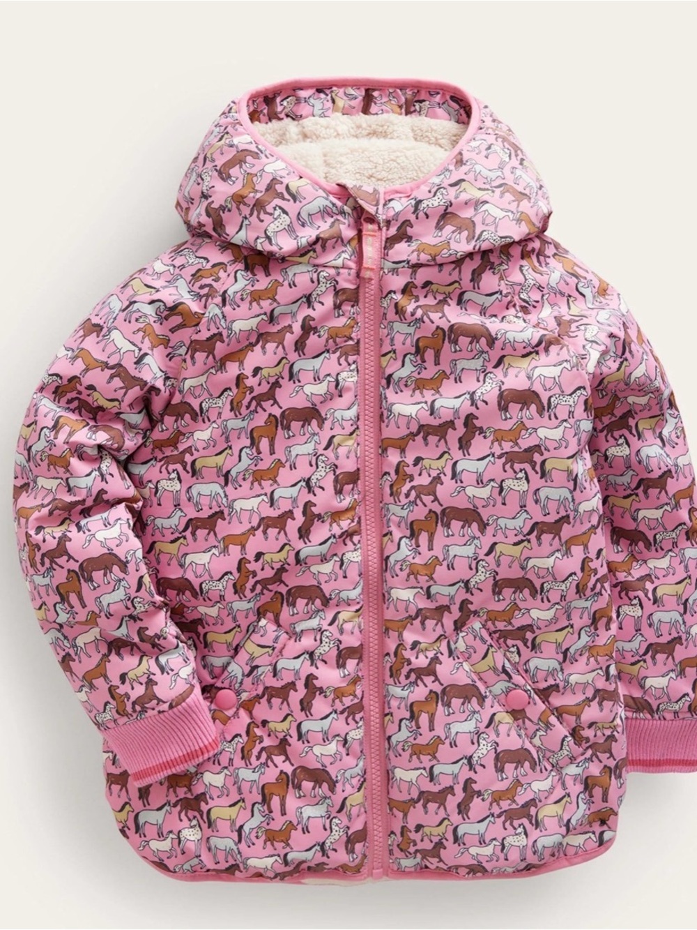 Mini Boden Kids Pink Horse Print Hooded Puffer Jacket Size 6-7